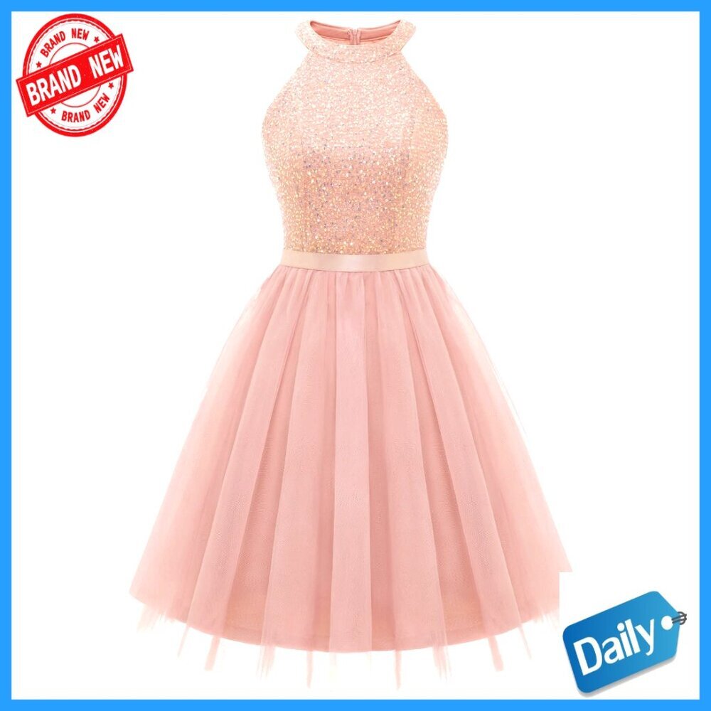 Sequin Halter Prom Dress Tulle Cocktail Party Elegant Formal A-Line